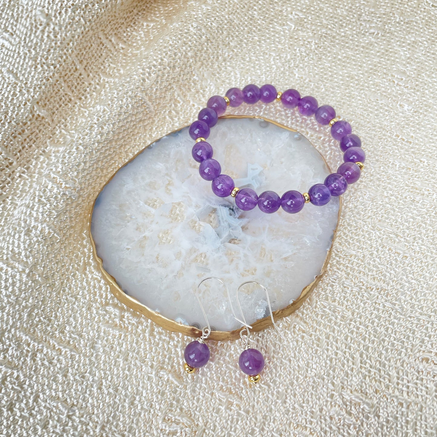 Amethyst gemstone stretch bracelet with matching earrings