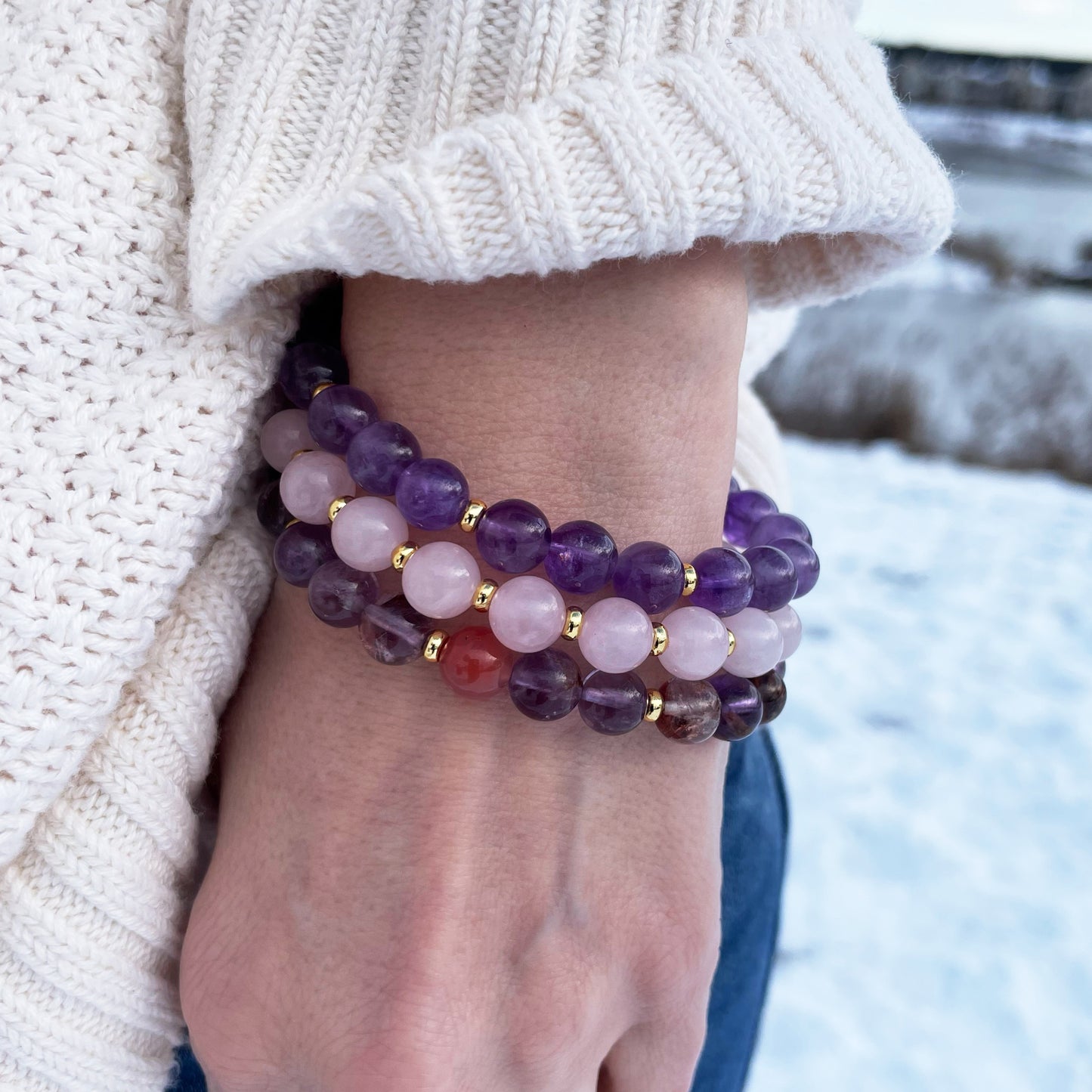 Super 7, Amethyst, and Rose Quartz gemstone stackers