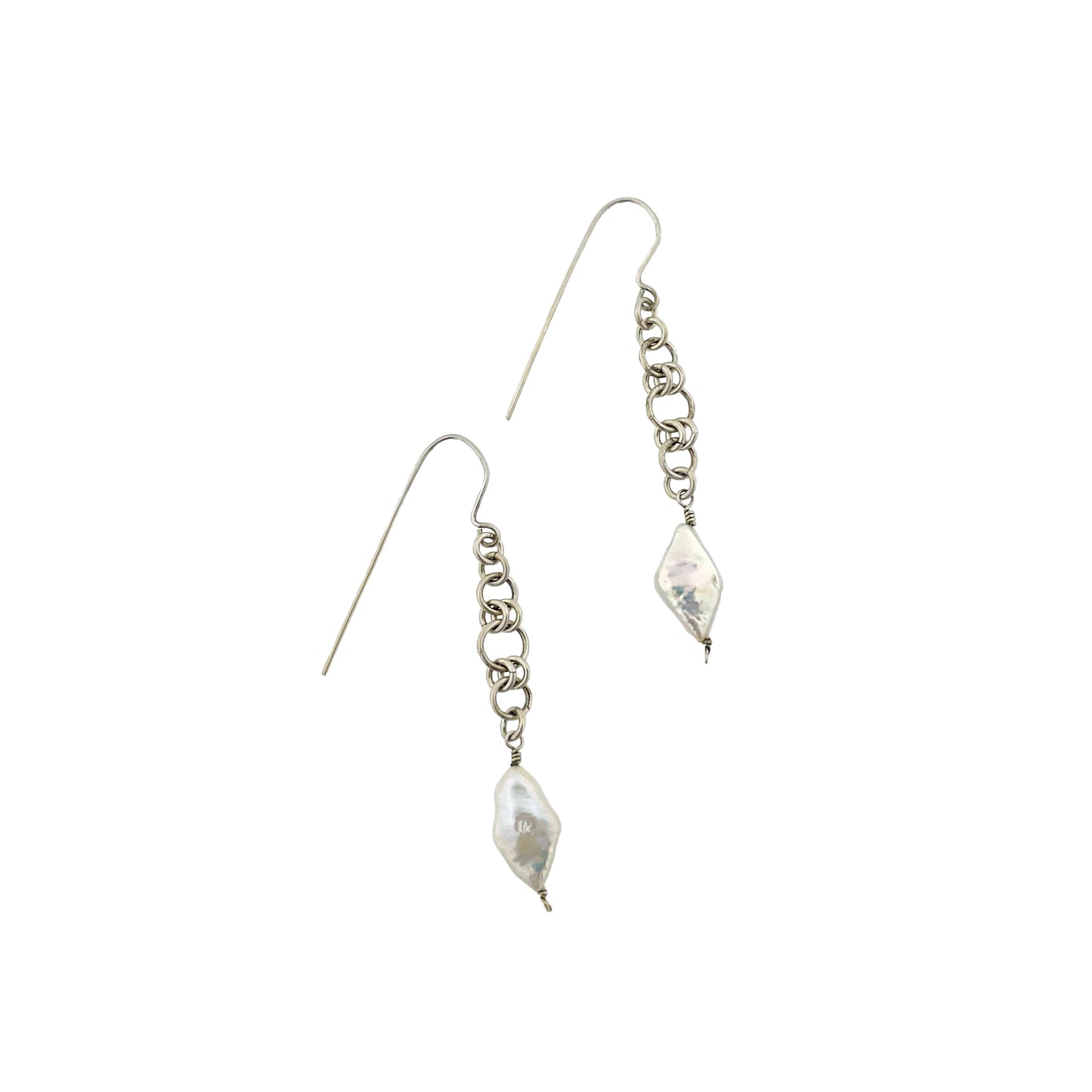 Long sterling silver earrings with diamond shaped pearls