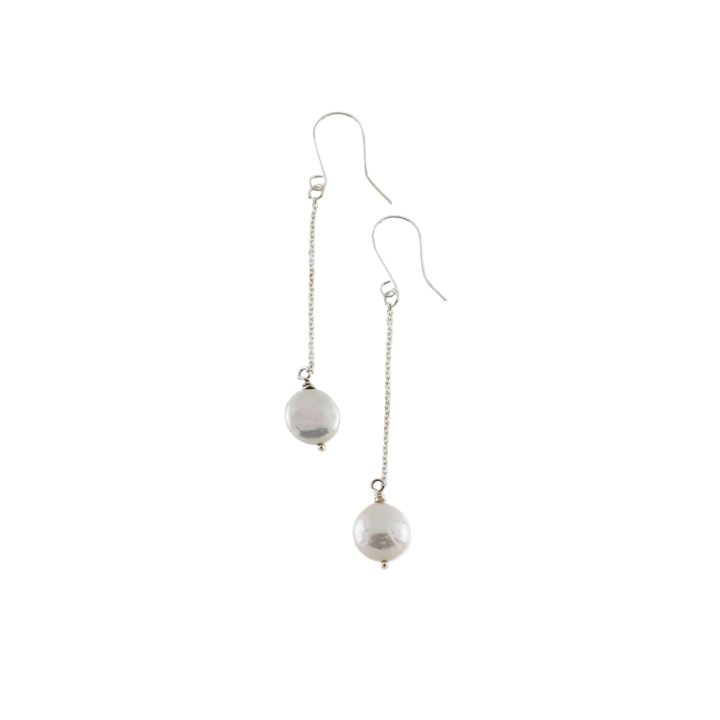 Long silver pearl drop earrings