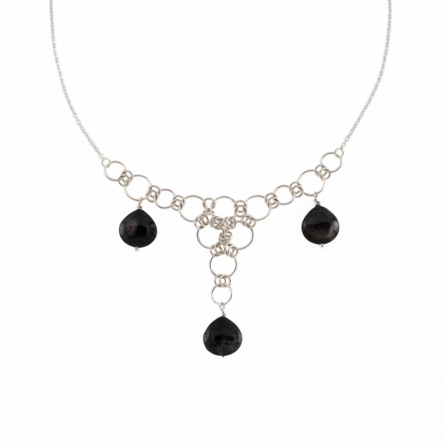 sterling silver and black gemstone chainmail necklace