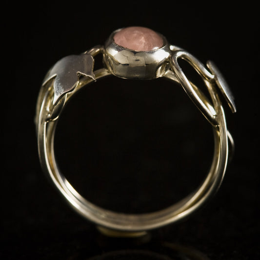Side view of silver maple ring with rose quartz