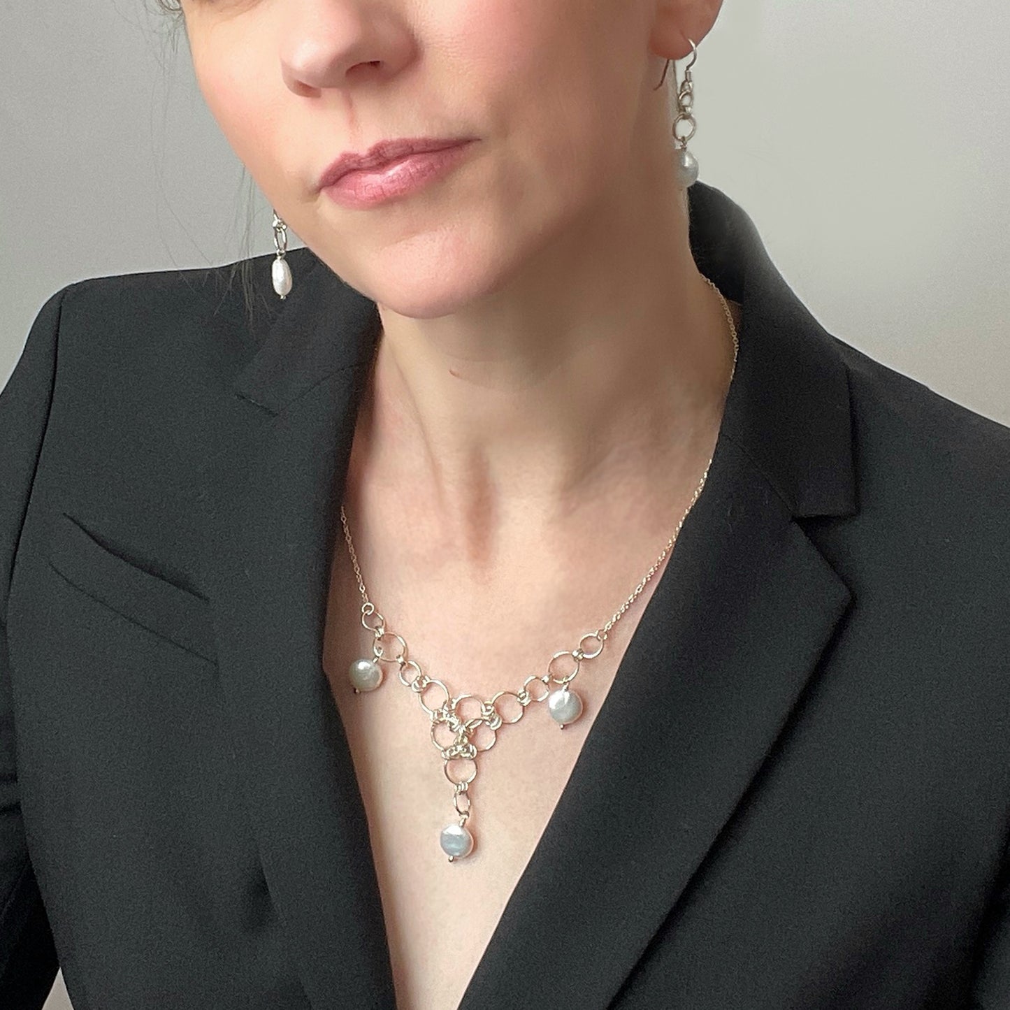 Sterling silver warriors necklace with freshwater coin pearls