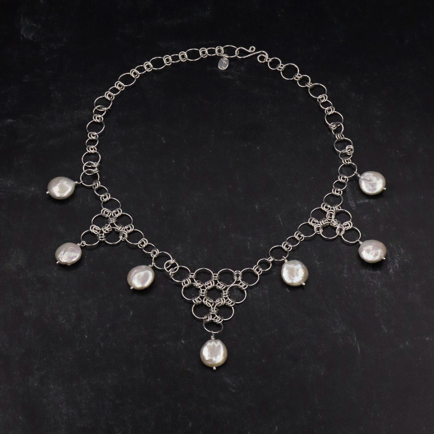 sterling silver chainmail necklace with freshwater coin pearls