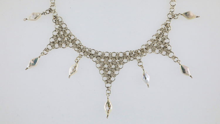 Sterling silver chainmail necklace with pearls