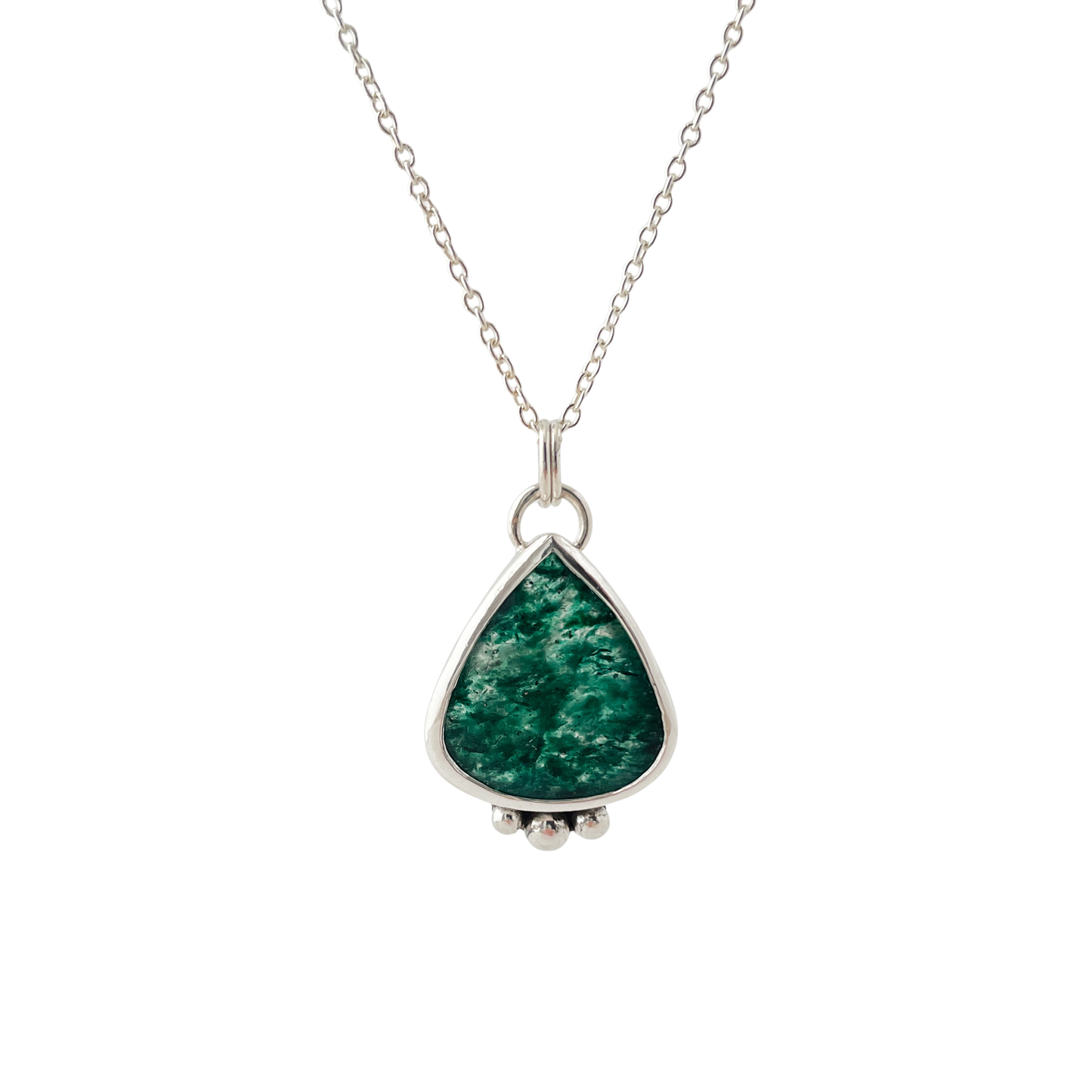 Teardrop-shaped green aventurine gemstone pendant with silver accents