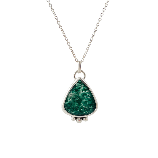 Teardrop-shaped green aventurine gemstone pendant with silver accents