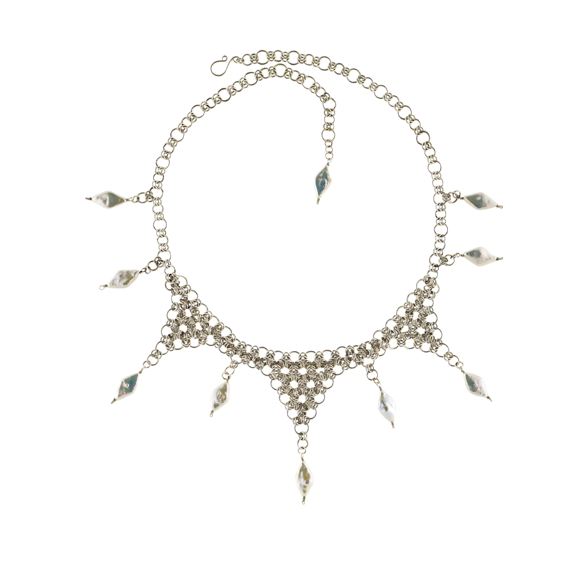 silver chainmail necklace with pearls