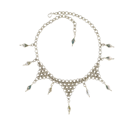 silver chainmail necklace with pearls