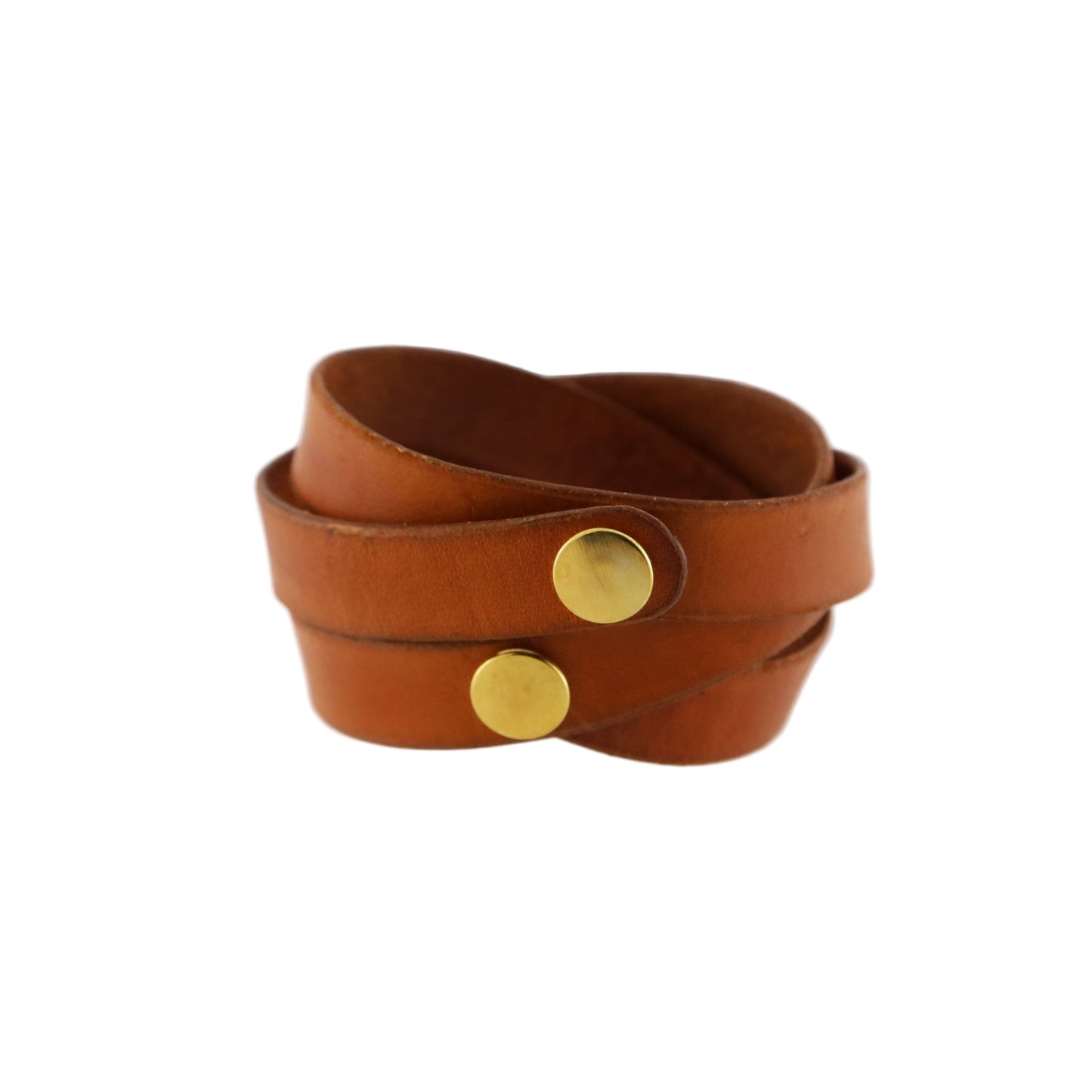 Tan colored leather wrap cuff with brass snaps